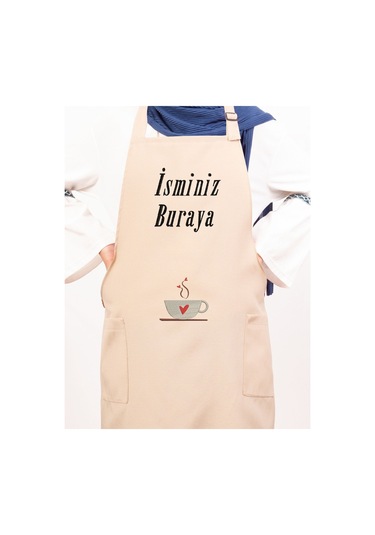Mutfak Önlüğü Kişiye Ve İsme Özel Nakışlı Mutfak Önlüğü Kalpli Kupa Farklı Renkler Krem