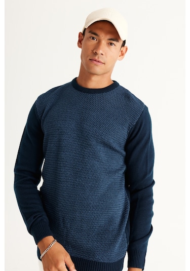 AC&Co / Altınyıldız Classics Erkek Lacivert Mavi Standart Fit Normal Kesim Bisiklet Yaka Petek Desenli Triko Lacivert - Mavi