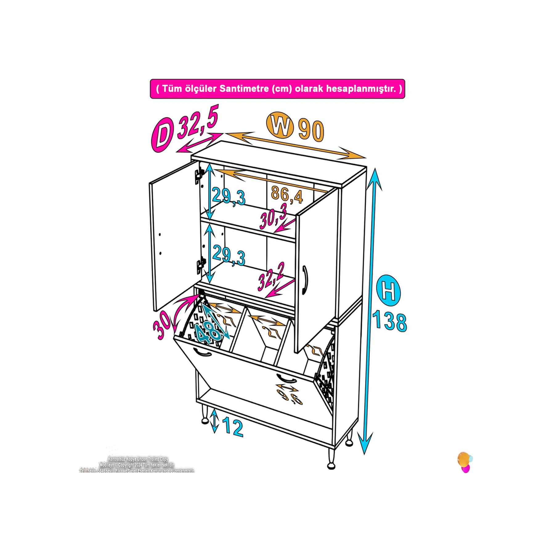 Esil Çok Amaçlı Dolap Kapak İçi Çift Raflı, Üç Akıllı Çamaşır Sepetli Dolap 90x138x32,5 Cm Beyaz