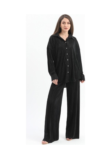 Düğme Detaylı Örme Pilise Takım - Siyah-siyah Siyah