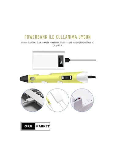 Sarı 3D Kalem 3D Pen Yazıcı Kalem – 20 Adet 5 Metrelik PLA Filament (Toplam 100M) + USB Kablo