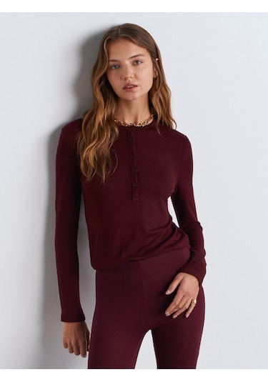 Dilvin 31544 Düğmeli Uzun Kollu Top-bordo Bordo