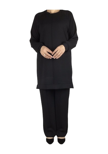 Kadın Tunik Önü Dikişli Altı Bantlı Pantolon Beli Lastikli Önü Dikişli İkili Takım Siyah