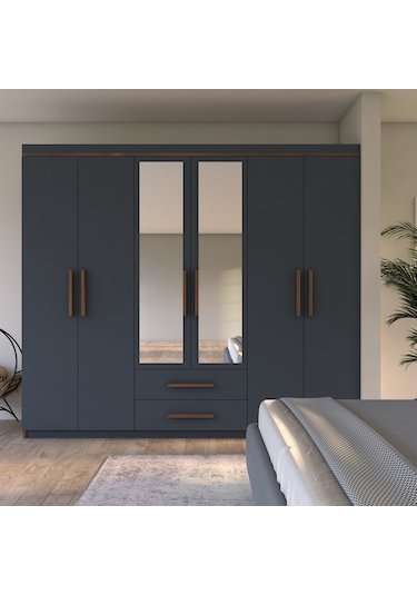 Metalia Gm 820 Armina Lüx 6 Kapılı 2 Çekmeceli Gardrop Ceviz Antrasit Gri