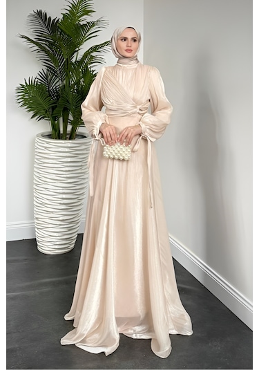Kolu Bağlamalı Abiye Ekru