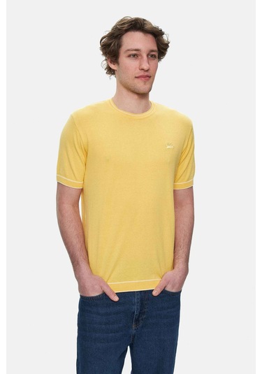 Fared Sarı Bisiklet Yaka Triko Nakışlı Standard Fit Erkek Tshirt Sarı