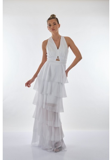 Dori V Yakalı Kat Kat Şifon Abiye Elbise 221kb3039 Beyaz