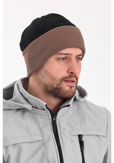 Erkek Siyah Polar Dış, Kahve Pamuklu Iç Kısım, Çift Renk Çift Katmanlı Katlanabilir Yumuşak Bere - Standart / Siyah-kahverengi Siyah-kahverengi