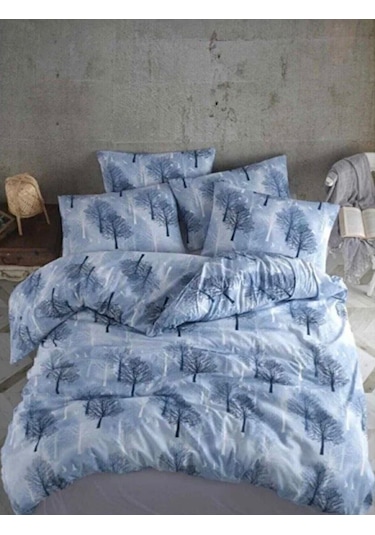 Çift Kişilik Battal Boy Yorgan Kılıfı Yastıklı Premium Ranforce Yumuşak Dokulu Mavi Ağaç