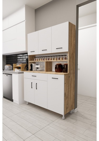 Zimbal Çok Bölmeli Dekoratif Mutfak Dolabı Atlantik Çam-beyaz Beyaz Kapak