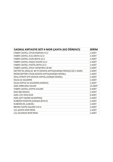 İlkokul Kırtasiye Seti 4 Mor Çanta Kız Öğrenci