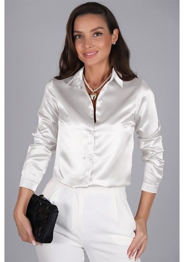 Sweetness Kadın Ekru Saten Uzun Kol Abiye Gömlek Ekru