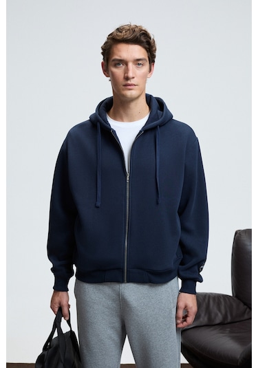 ASHBY Erkek Kapüşonlu Fermuarlı Cepli Kordonlu Regular Fit Lacivert Sweatshirt