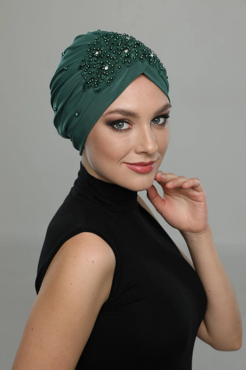 Kopma Astarlı Işlemeli Yeşil Dantel Motifli Hazır Türban Tesettür Abiye Bone Yeşil Dantel