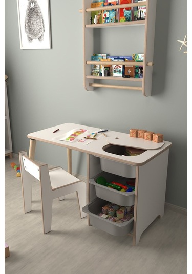 Çocuk Oyun Ve Aktivite Masası - 1 Sandalye - Gri Sepetli Beyaz-gri Beyaz - Gri