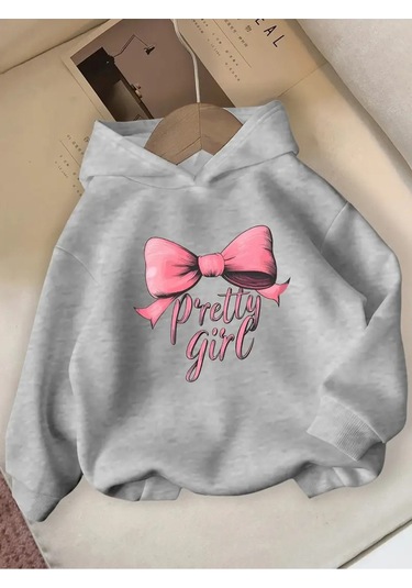 Kışlık Kapüşonlu Sweatshirt, Çocuk Pretty Girl Baskılı Gri