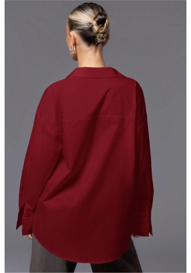 Tarz Cool Kadın Oversize Gömlek Uzun Kollu Basic Salaş Kesim Poplin Trend Şık Günlük Gömlek Bordo