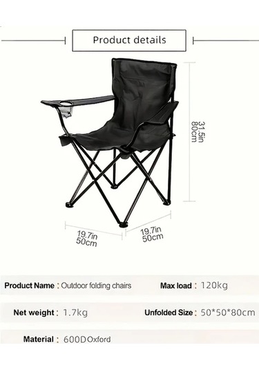 Fochsia 1 Adet Büyük Boy Portatif Kamp Sandalyesi Katlanır Tasarlı Saklama Çantası Bardaklık Siyah Siyah