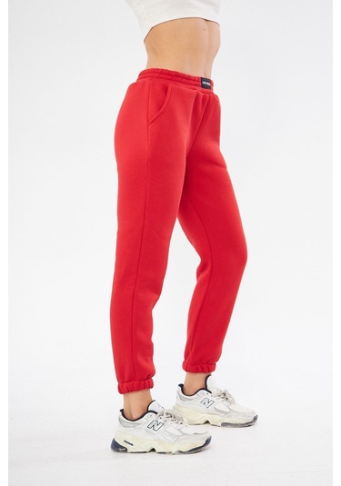 Lesa Wear Yüksel Bel Jogger Şardonlu Eşofman Altı Paçası Lastikli Kırmızı