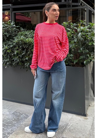 Kırmızı Çizgili Sweatshirt Mg2572 Kırmızı