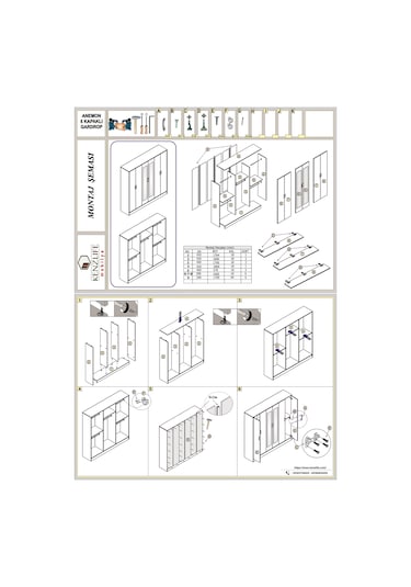 Kenzlife gardırop 6 kapaklı kapılı anemon 180*180*42 gri aynalı gardolap dolap