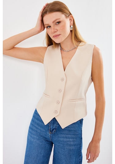 Bigdart 6796 Kısa Dokuma Yelek - Krem 001