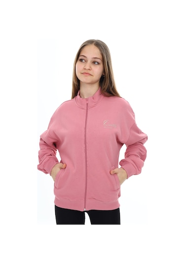 Toontoy Kız Çocuk Dik Yaka Fermuarlı Cepli Düşük Omuz Nakış Baskılı Örme Hırka -3 İplik Şardunsuz Gül Kurusu