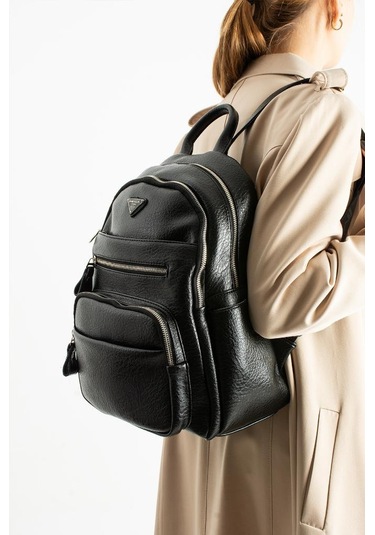 Vegan Deri Kadın Sırt Çantası 35 25 Cm Yağmur İtici Kumaş Mega Bag Günlük Kullanıma Uygun Siyah