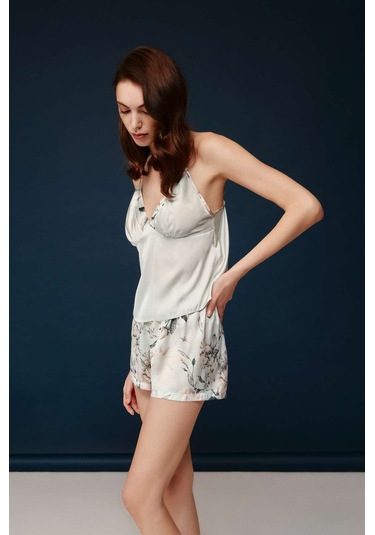 Bonnie&Clyde - Kadın Baskılı Saten Şort Takımı -5240 Krem