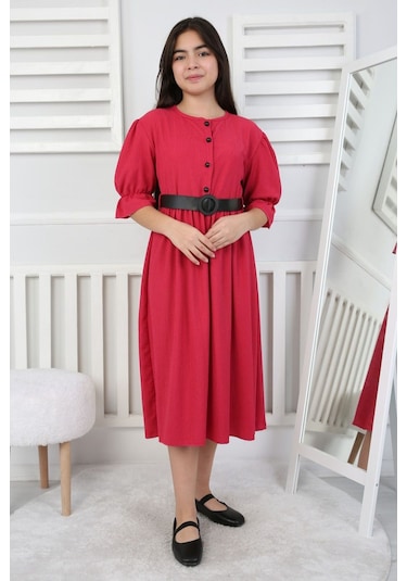 Beli Büzgü Ve Kemerli Kız Çocuk Elbise Çok Renkli