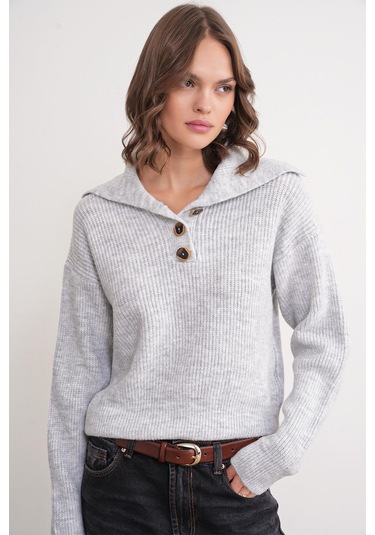 6900 Kadın Düğmeli Devrik Yaka Triko Kazak Gri Gri