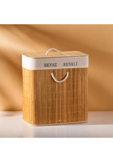 Porsima Pbt-440 Çift Bölmeli Kapaklı Kirli Çamaşır Sepeti Dikdörtgen - İki Bölmeli Bambu Kirli Çamaşır Sepeti Bambu