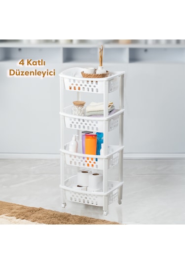 Porsima 79-1 4 Katlı Tekerlekli Raf Mutfak Banyo Düzenleyici Raf Beyaz