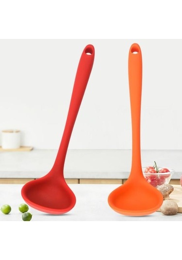 Kırmızı Kaşık Rahat Kavrama Uzun Saplı Asılı Delik Taşınabilir Yapışmaz Gıda Sınıfı Silikon Kaşık Karıştırma Kaşığı