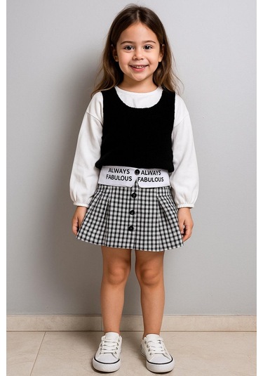 Kız Çocuk Siyah Süveterli Ekose Etekli Takım 3 Lü Kombin Gri