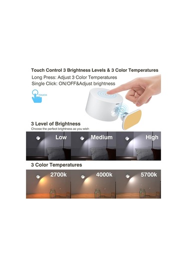Gajeena Usb Şarjlı Led Duvar Lambası, Manyetik, Dokunmatik Ve Uzaktan Kumandalı, 3 Renk Sıcaklığı, 3 Parlaklık Seviyesi, 360 Dönebilen, Kurulumu Gerektirmeyen Gece Lambası Beyaz