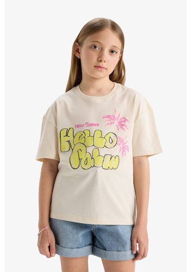 Defacto Kız Çocuk Relax Fit Bisiklet Yaka Kısa Kollu Tişört E0389a825smer42 Ekru