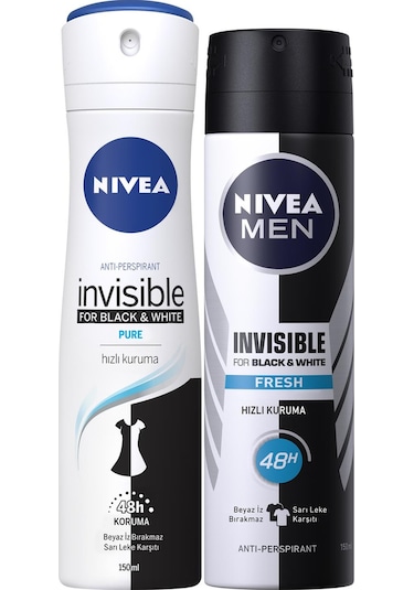 Nivea Black & White Pure Kadın Sprey Deodorant 150 ML + Black & White Fresh Erkek Sprey Deodorant 2 x 150 ML