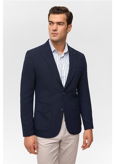 Süvari Lacivert Slim Desenli Mono Yaka 6 Drop Ceket Lacivert