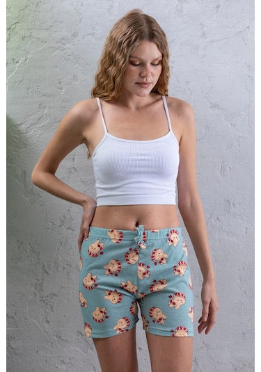Giysa Kadın Beli Lastikli Desenli Şort Pijama Altı Soluk Mavi - 2027 Açık Mavi