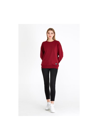 Comeor Kadın Bordo Basic Bisiklet Yaka Regular Fit Rahat Sweatshirt 001