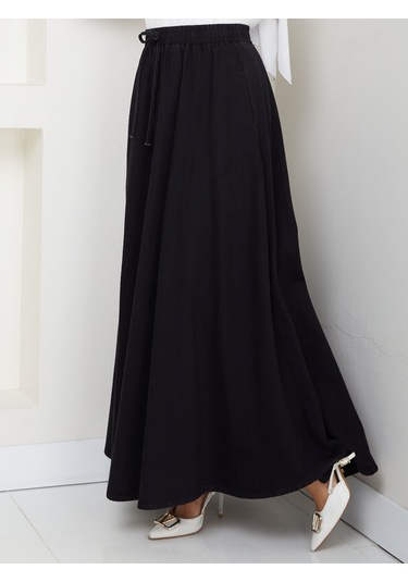 Beli Lastikli İpli Kot Kloş Etek Siyah Siyah