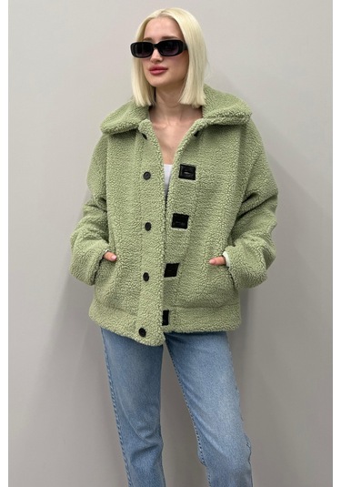 Madmext Yeşil Deri Detaylı Kadın Peluş Mont Mg2485 Yeşil