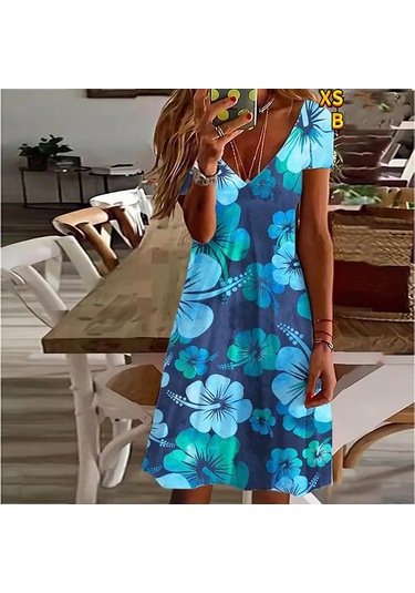 Mavi Yaz Moda V Yaka Elbise Bayanlar Kısa Kollu Kırmızı Çiçekler Baskılı Elbise Gevşek Gündelik Elbise Kadınlar İçin