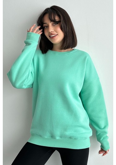 Kadın Mint Yeşili Bisiklet Yaka Oversize Sweatshirt Mint Yeşili