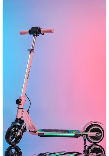Mini Bonito Çocuk Katlanabilir, Led Işıklı, Amortisörlü Elektrikli Scooter Ayarlanabilir Direksiyonlu Dizlik Ve Dirseklik Hediyedir Pembe