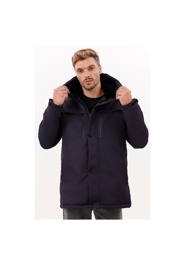 Erkek Polarlı Kürklü Su Ve Rüzgar Geçirmez Kapüşonlu Kışlık Mont & Kaban & Parka - Elyaflamalı Lacivert