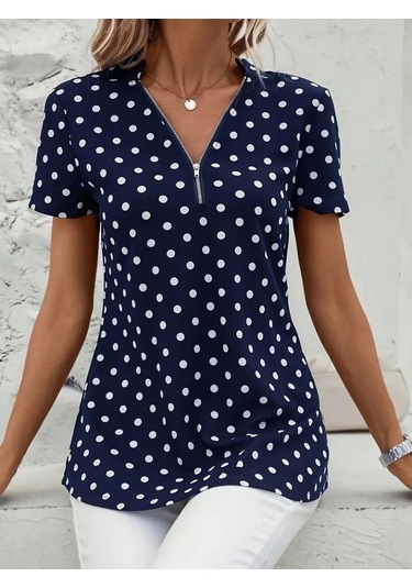 Modasize Kadın Kısa Kollu Yakadan Fermuarlı Puantiyeli Uzun Dokuma Viskon Bluz Lacivert