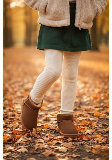 Muggo Snow Garantili Unisex Çocuk Kalın Taban İçi Tüylü Günlük Mini Yarım Bot Kahverengi