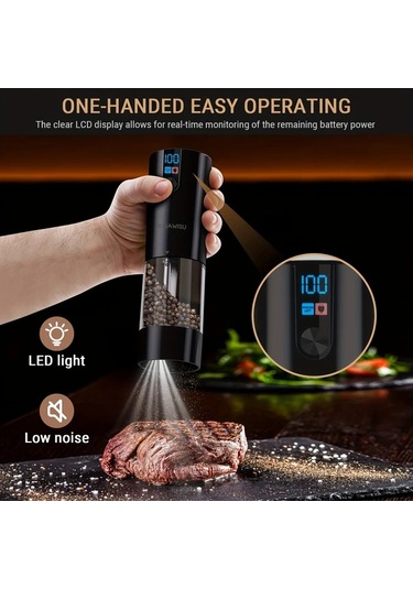 Motion003 Elektrikli Tuz Ve Biber Değirmeni Seti Siyah 1 Usb Şarjlı Küçük Öğütücü Lcd Ekran Ayarlanabilir Kabağlık Ev Mutfak Restoran Barbekü